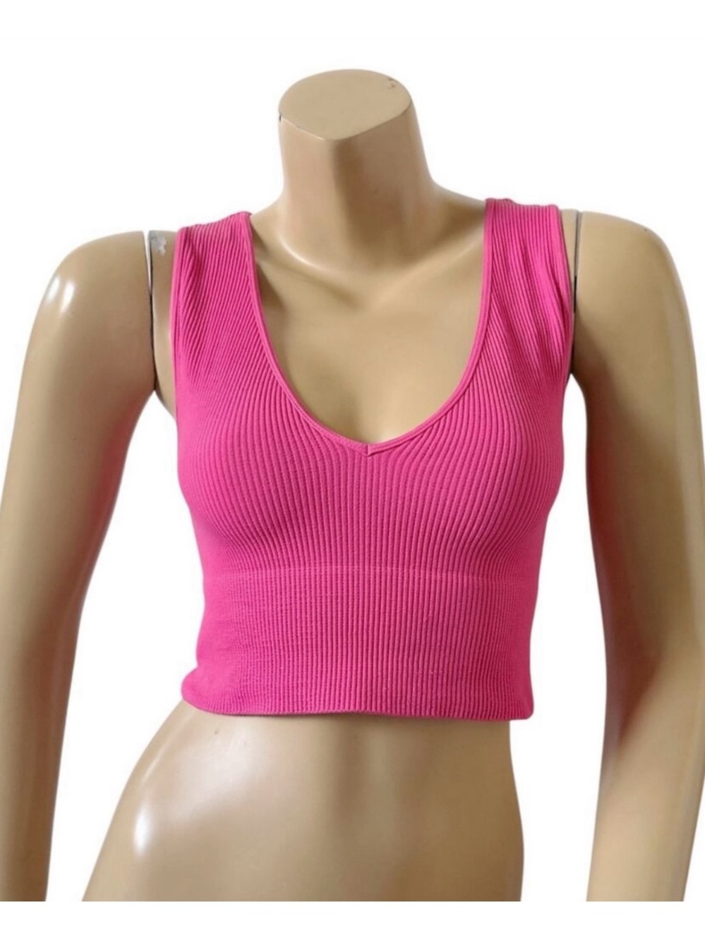 Avocado Crop Tank Top Womens S/M Seamless Ribbed Hot Pink V Neck Sleeveless